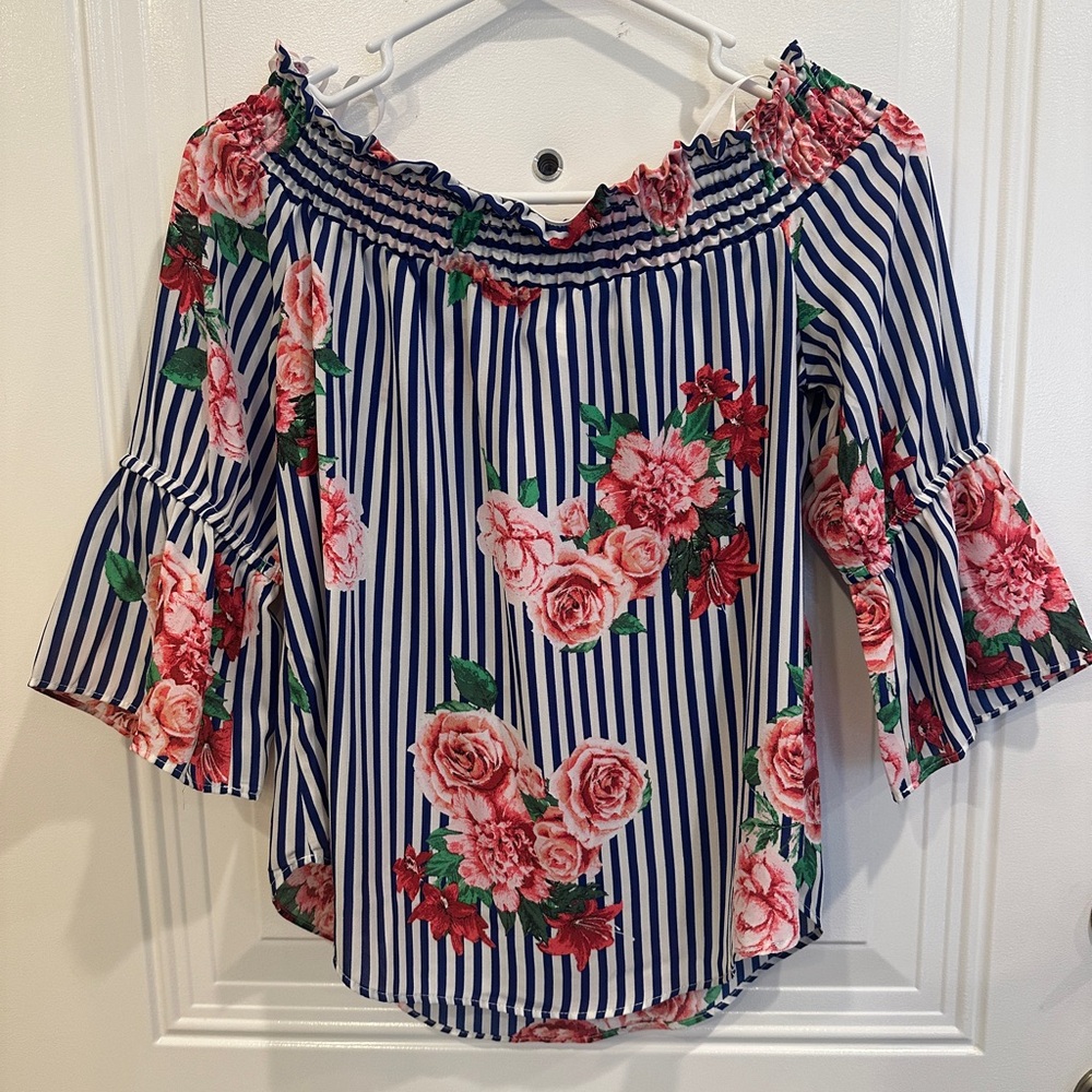 Charming Charlie Navy Striped Floral Blouse